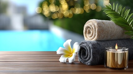 Relaxing Spa Setting with Towels, Candle, and Flower near Pool with Soft Lighting
