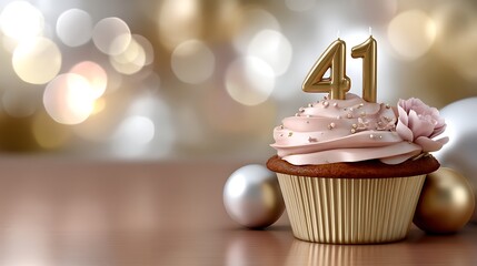Elegant cupcake with number candles celebrating 41st birthday on festive background