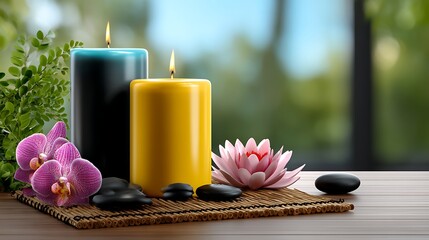 Relaxing Spa Arrangement with Candles, Flowers, and Stones on a Tranquil Background