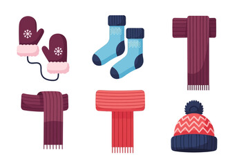 Winter wear mittens socks scarves and a beanie arranged in a simple colorful flat design