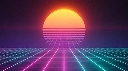 Retro futuristic landscape with sun and grid vaporwave style illustration for graphic design and pre