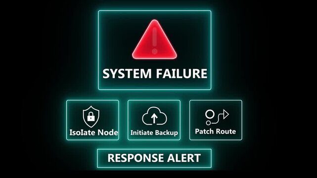 System Failure response notification on digital interface in data center server room with isolate node initiate backup patch route options. glowing neon lights cybersecurity hacking Warning