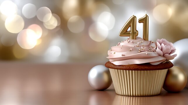 Elegant cupcake with number candles celebrating 41st birthday on festive background