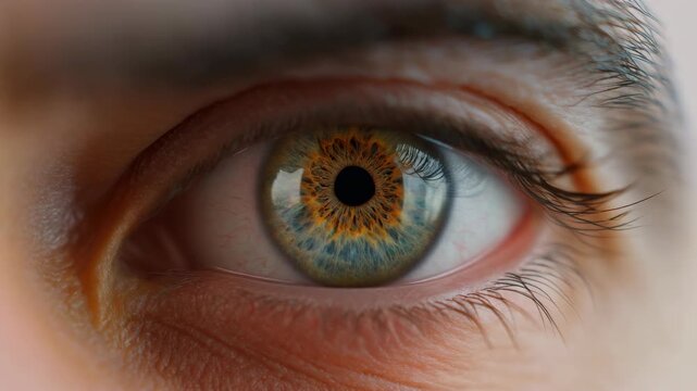 Close up eye macro videography of hazel eye with beautiful detail and reflection