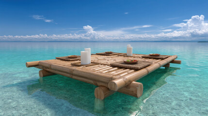 Fototapeta premium Relaxing Bamboo Dining Table on Clear Turquoise Water Surrounded by Smooth Waves and Beautiful Clouds in the Background