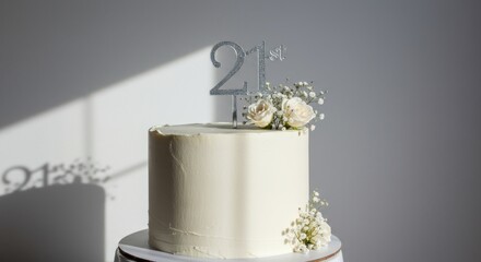 A tall white cake with a 21st topper and white roses