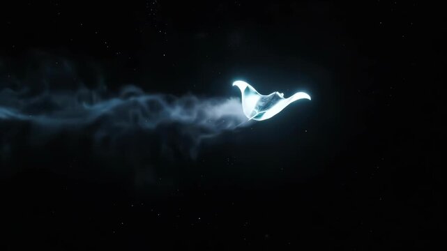 Abstract, glowing, amorphous form with trailing tendrils in a dark space with stars
