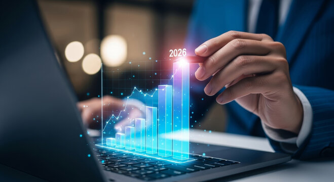 2026 financial goals business goals finance growth chart rising bar chart futuristic digital analytics optimistic projection