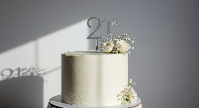 A tall white cake with a 21st topper and white roses - Powered by Adobe