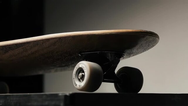 Wooden skateboard in mid-air with wheels, against a gray background, minimalist