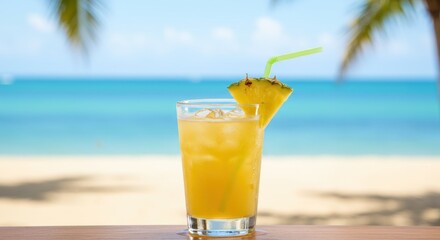 Obraz premium Pineapple drink on a table at a tropical beach