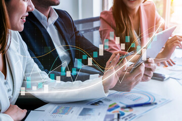 A group of business professionals engages in a collaborative meeting, analyzing data and discussing strategies with graphs and charts overlaid. Impute
