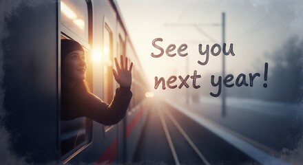 Person waving goodbye from train window at sunset with See you next year text.
