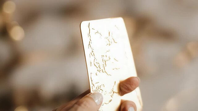 A hand holds a golden card engraved with a world map, blurred background