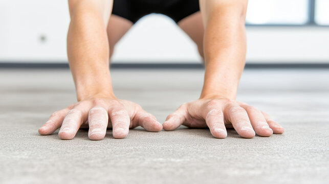 Hands chalked for grip exercise stretching and strength training on gym floor