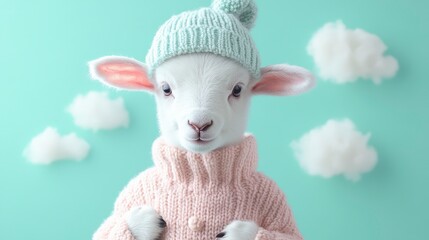 Cute lamb wearing hat and sweater against blue background with clouds stock photo 90 ch