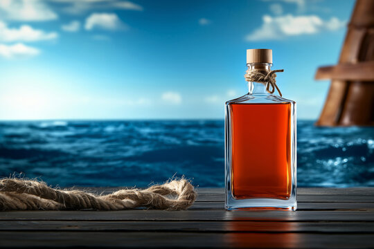 Amber rum bottle on wooden dock by ocean with rope and sailing background, warm light and relaxed feeling