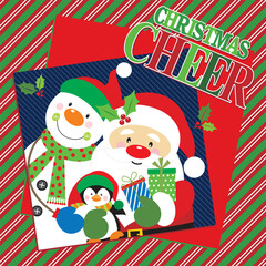 Christmas card with santa, snowman and penguin