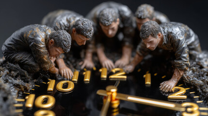 Men crouch over large clock face, digging with focused effort and urgency in dramatic low light