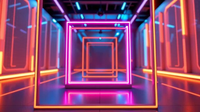 Neon tunnel glowing cube futuristic corridor blue light pink reflection symmetry geometric neon square hallway colorful vibrant cyberpunk illuminated