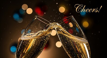 Two champagne flutes clinking together with a festive bokeh background and the word Cheers.