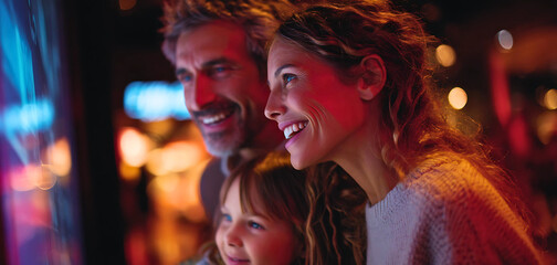 Happy family enjoying a vibrant night out at an arcade with colorful lights and games