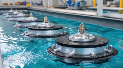 Obraz premium Industrial Water Treatment Process with High-Tech Equipment in Modern Facility Featuring Rotating Mechanical Components and Clear Blue Water Surface