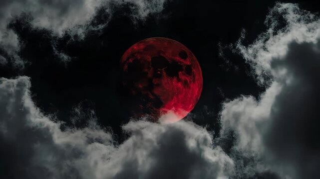 Blood moon obscured by billowing clouds in a dark night sky