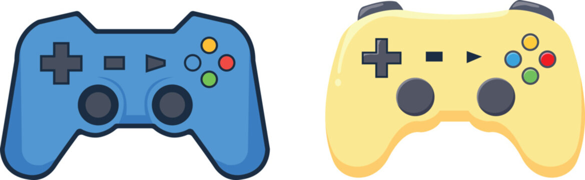 Two game controllers, one blue and one yellow, are displayed isolated on white background. 
A pair of modern video game controllers, one blue and one yellow, presented side-by-side