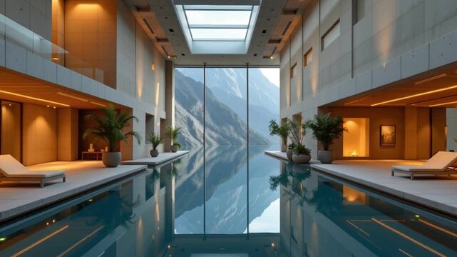Luxury indoor pool mountain view glass wall lounge modern architecture skylight ceiling lounge chair ambient lighting reflection serene retreat warm