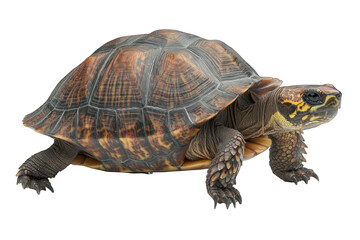 Obraz premium Brown and tan tortoise with patterned shell, isolated against black