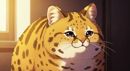 Fototapeta premium Chubby Feline's Contemplation: An endearing illustration showcases a plump cat gazing pensively, its gentle expression capturing a sense of calm and thoughtfulness.