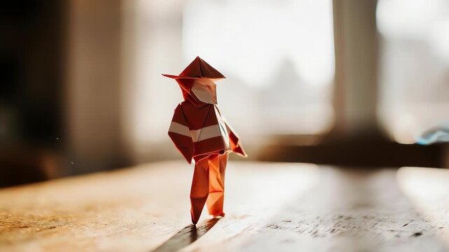 A standing paper figure with a hat, lit by sunlight, casting a long shadow