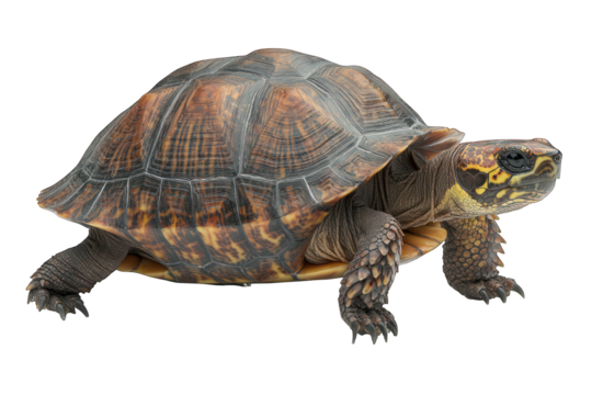 Brown and tan tortoise with patterned shell, isolated against black