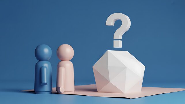 Conceptual 3D rendering of two people pondering a difficult question or decision