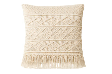 Beige macrame pillow with fringe, bohemian home decor