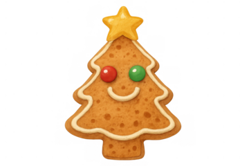 Gingerbread christmas tree cookie with a smiling face and star decoration, celebrating holiday season, transparent background