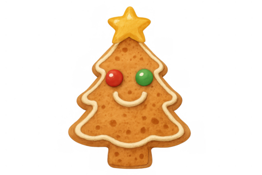 Gingerbread christmas tree cookie with a smiling face and star decoration, celebrating holiday season, transparent background