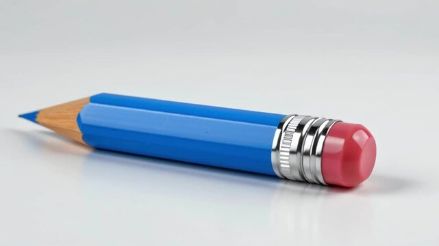 Blue pencil wood sharpened tip with eraser and metal ferrule on white surface conveying calm focus creativity close up minimal studio lighting
