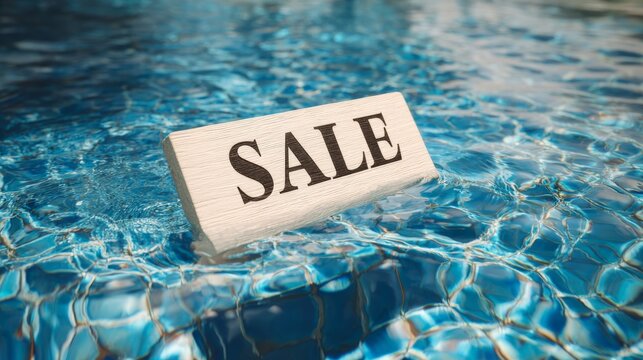 Sale text floating on blue swimming pool water background for summer discount promotion, retail advertising campaign, social media marketing offer and seasonal clearance announcement design
