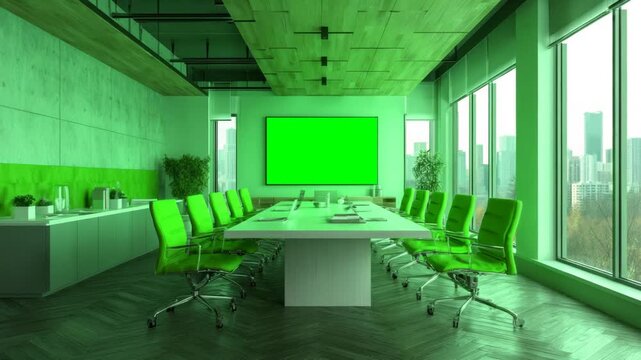 A modern meeting room boasts a large green screen, chairs, table, and city views