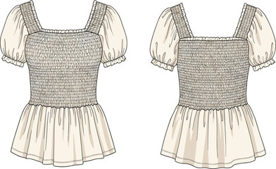 Smocked puff sleeve peplum top fashion flat sketch, front and back blouse technical drawing, elegant summer womenswear design template, cad drawing flat vector illustration