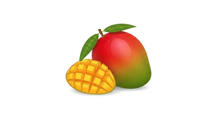 Vibrant Mango Fruit Illustration with Whole and Sliced Pieces on White Background.