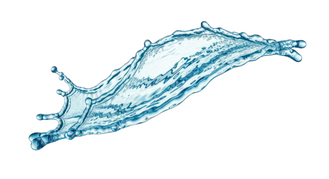 Dynamic water splash, angular trajectory, frozen motion against a dark backdrop