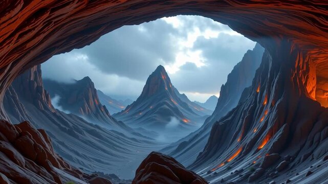 Majestic misty mountain valley cave opening with rocky foreground and volcanic peak glowing lava under dramatic atmospheric mist