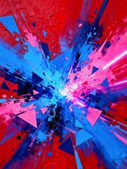 Vibrant geometric abstract explosion with blue pink and red paint splashes. Generative AI.