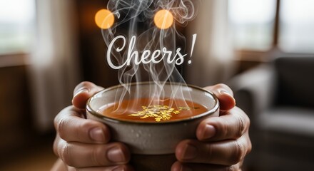 Warm and inviting bowl of soup with Cheers text, perfect for cozy moments.