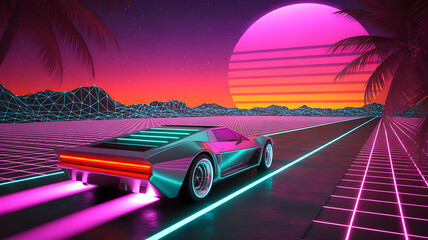 Retro sports car driving on a neon grid road vaporwave style for 80s themed design