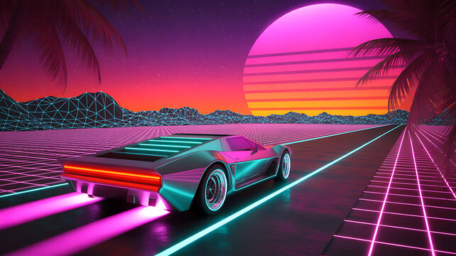 Retro sports car driving on a neon grid road vaporwave style for 80s themed design