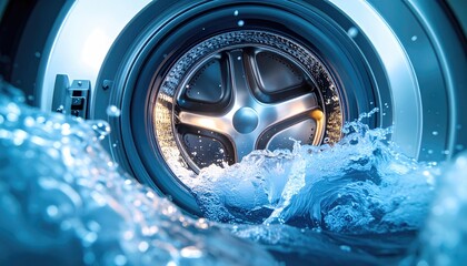 Washing Machine Drum with Water Splashing Inside Bright Interior Light
